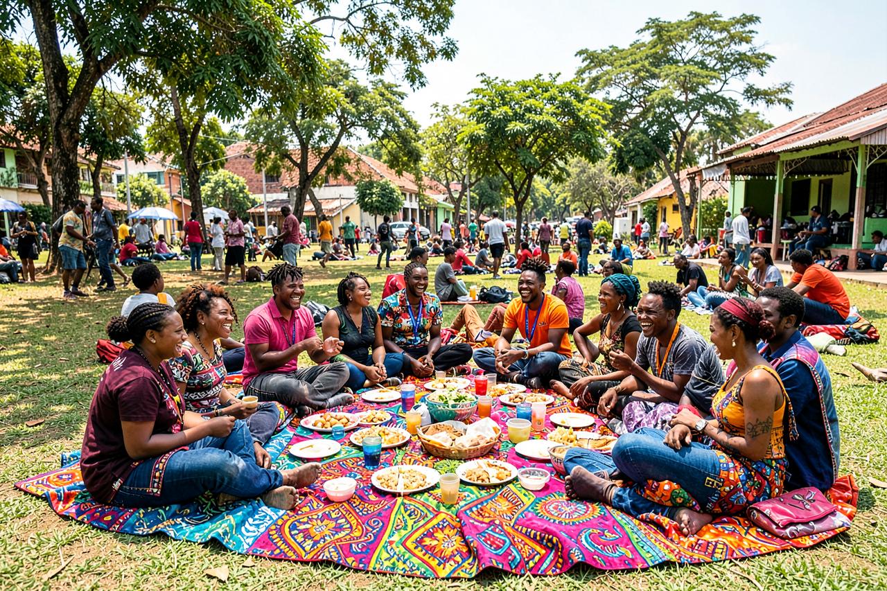 Community picnic on colourful kanga cloths in Dar es Salaam