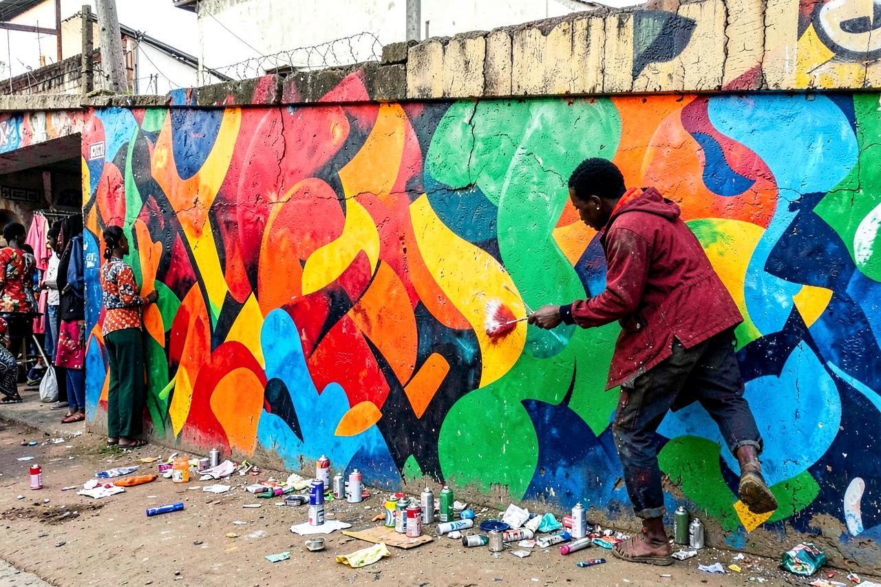 Artist painting a colourful mural in Nairobi
