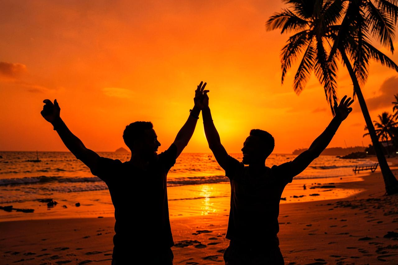 Two friends celebrating at sunset on a Zanzibar beach